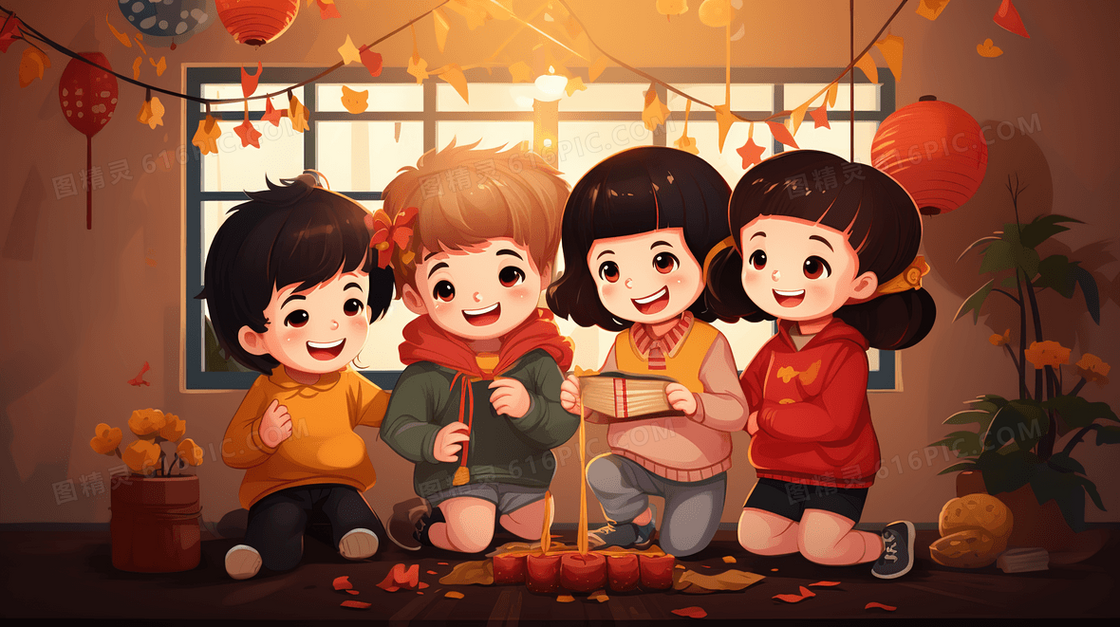 男孩女孩一起庆祝中国新年插画