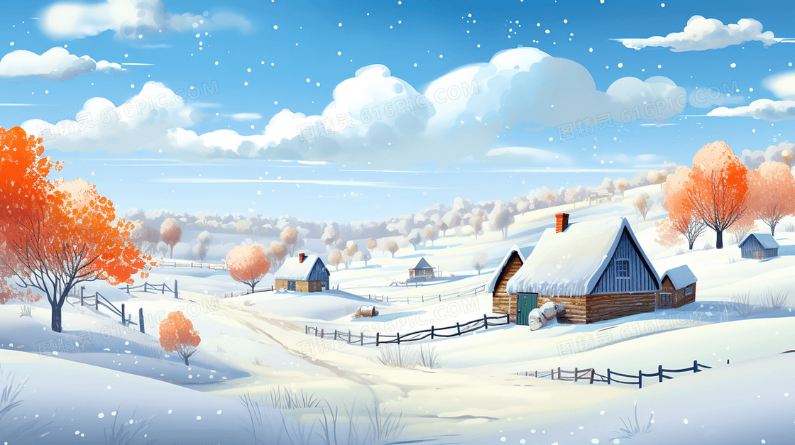 冬季积雪山林乡村插画