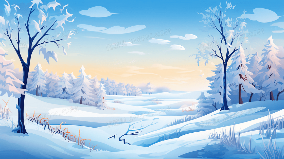 下雪森林树木雪景插画