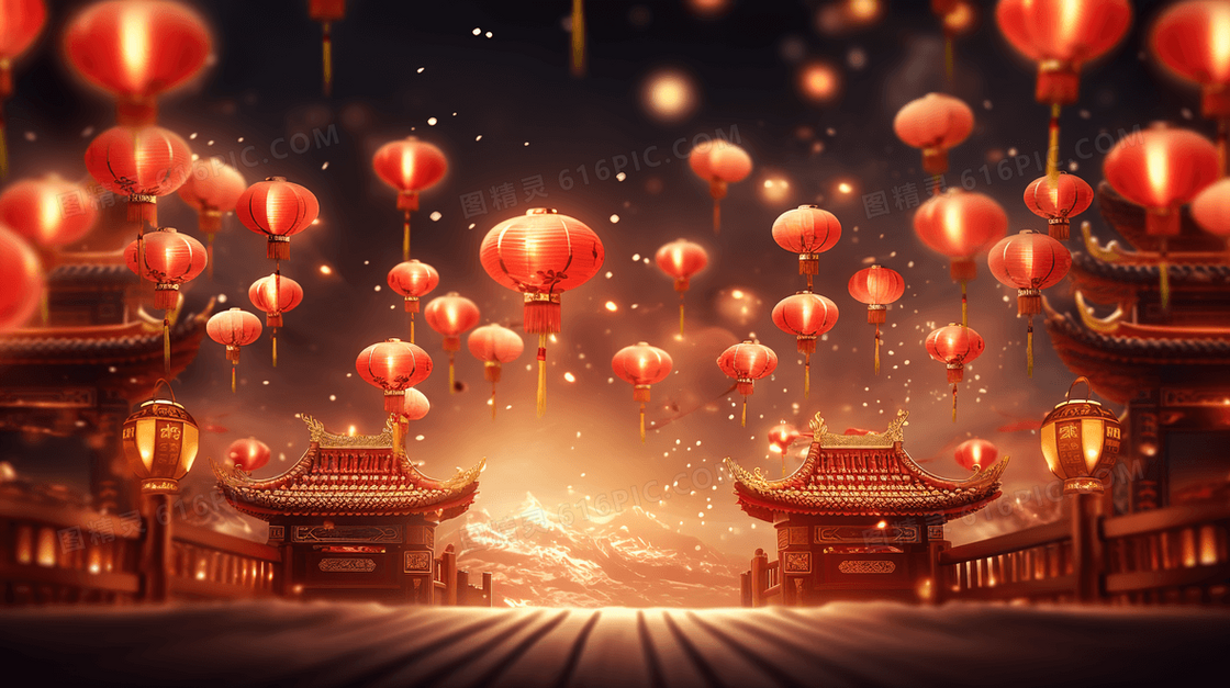 中国传统阁楼灯笼新年庆典插画