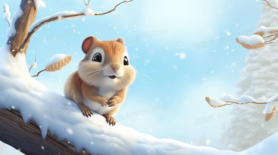积雪覆盖的树枝上的小松鼠插画