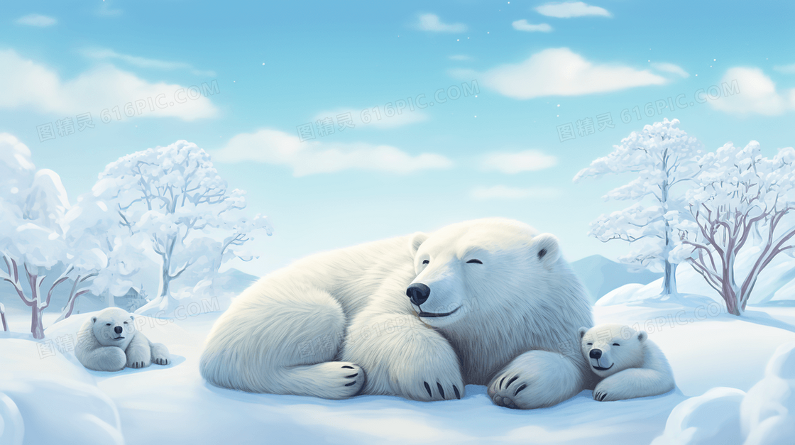 趴在冰雪上休息的北极熊母子插画