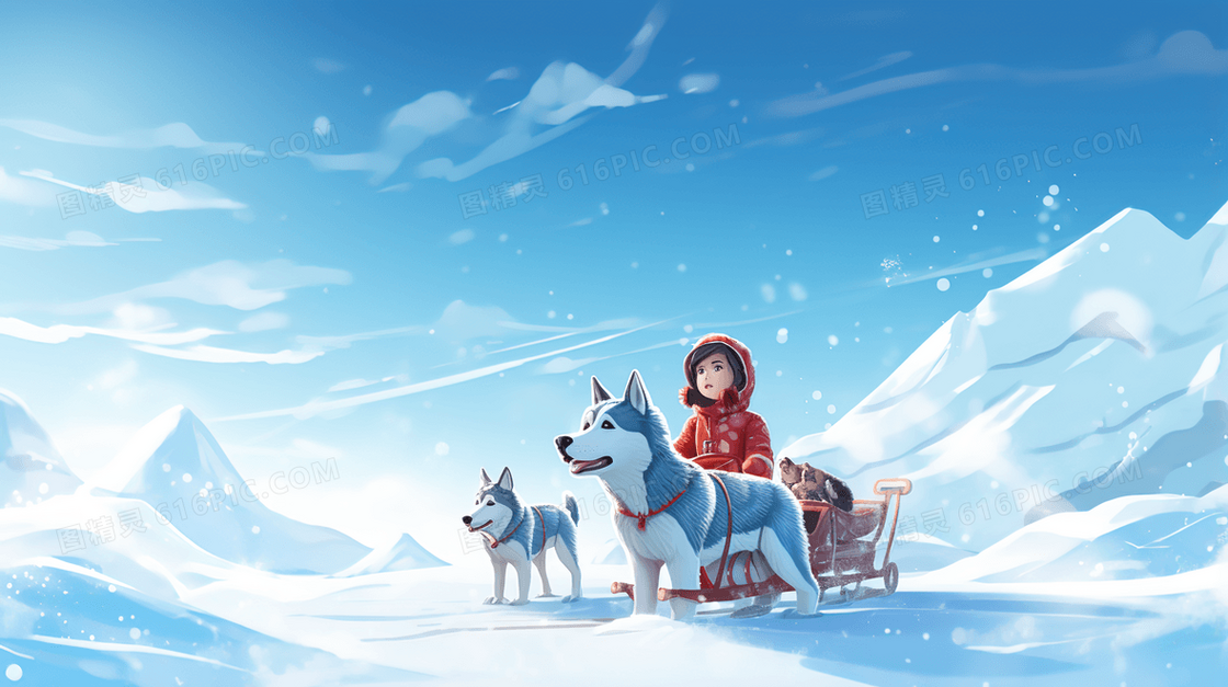 雪地上雪橇犬拉着雪橇上的小女孩插画