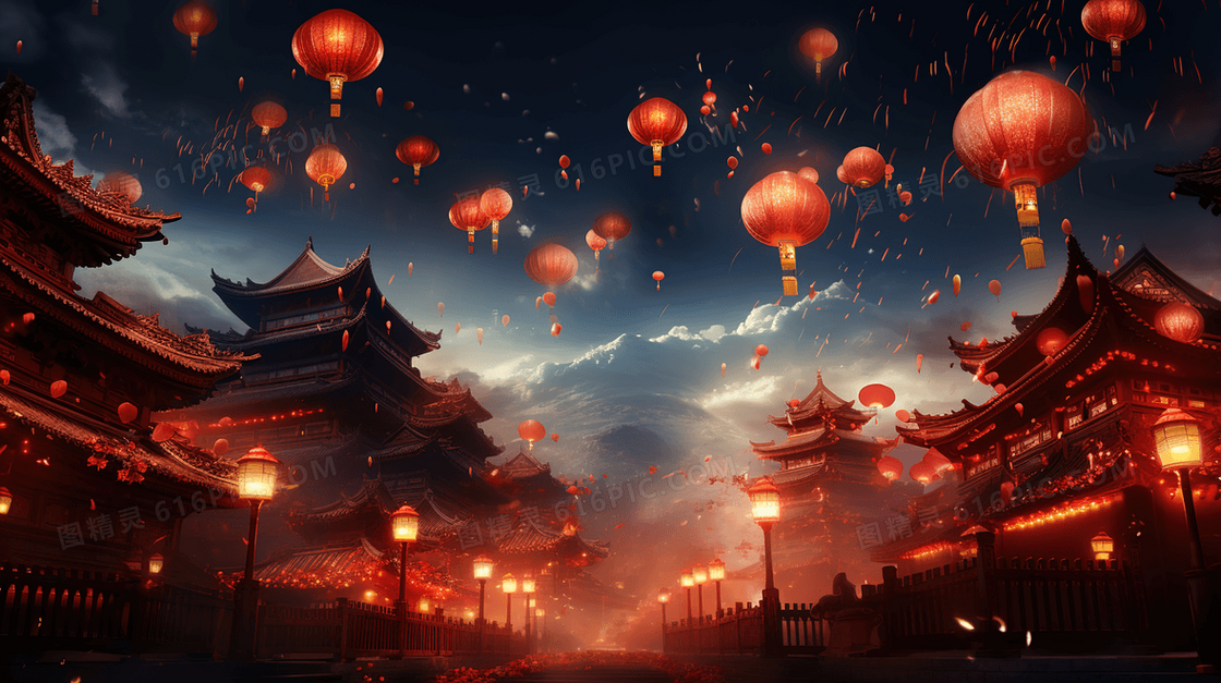 中国传统阁楼灯笼新年庆典插画