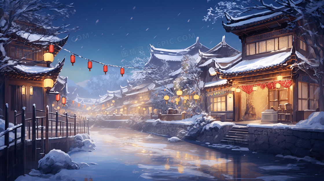 中国风大雪中临河两岸灯火通明的楼阁建筑插画