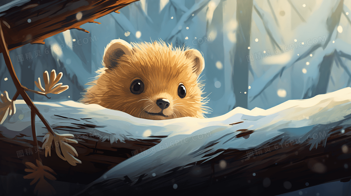 躲在积雪覆盖的树木后的小熊插画