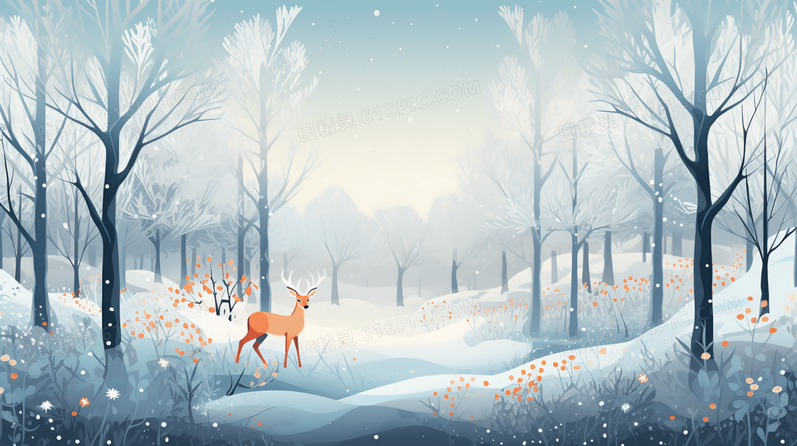 冬季雪山森林里的小鹿插画