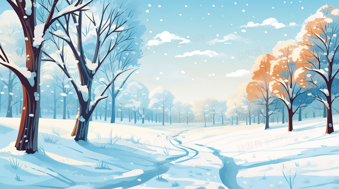 下雪森林树木雪景插画