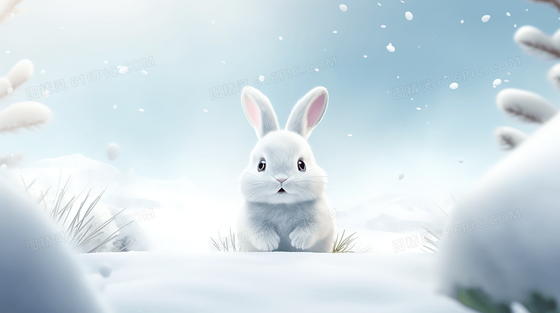 冬季雪地里的可爱兔子插画