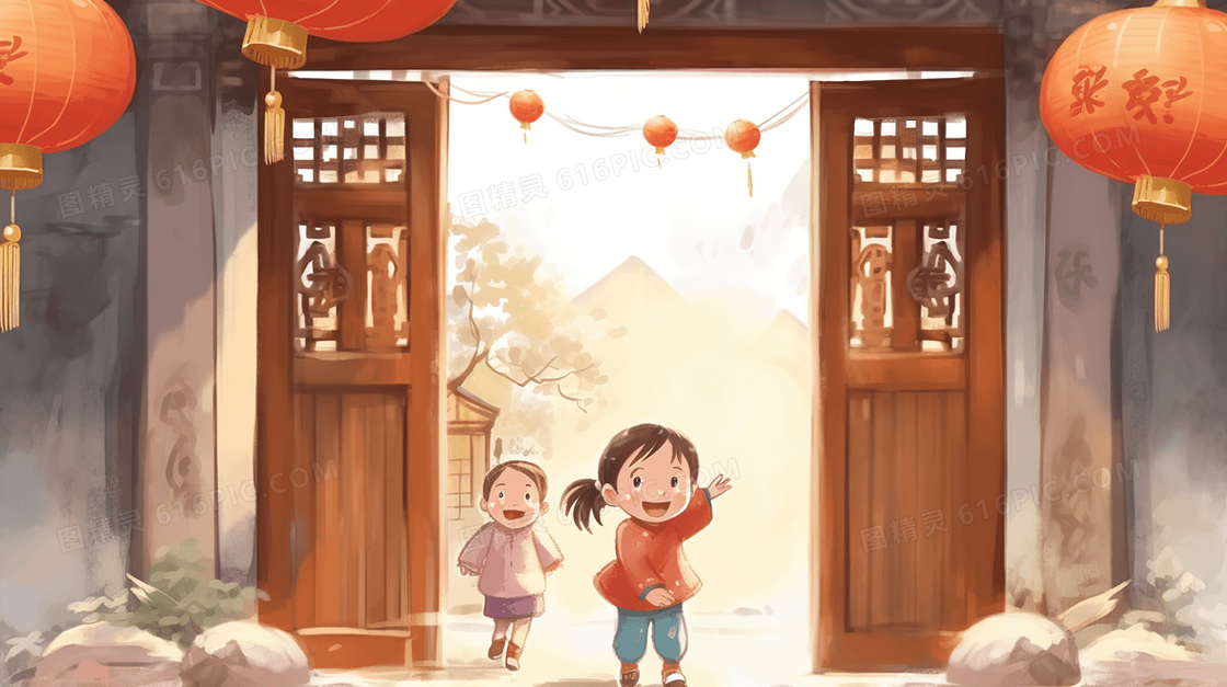 中国乡村老宅大门前的两个小女孩插画
