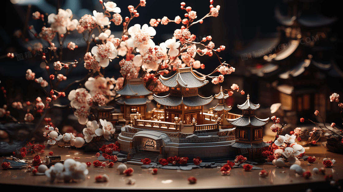 C4D中国新年楼阁鲜花插画