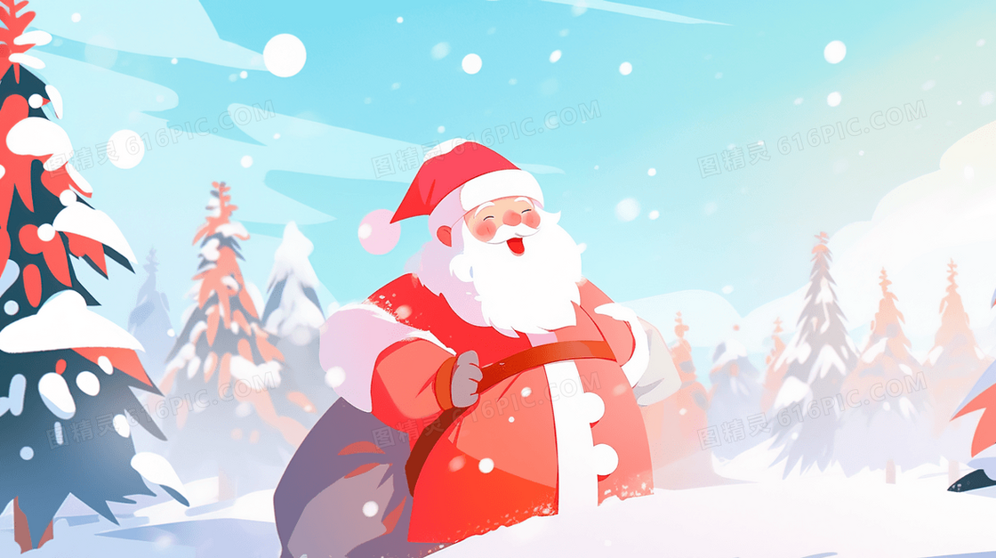 下雪天森林雪地里送礼物的圣诞老人插画