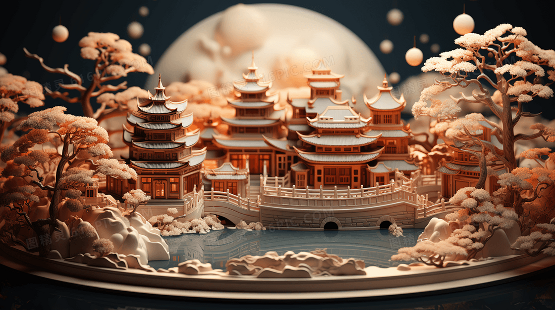 C4D中国新年楼阁鲜花插画
