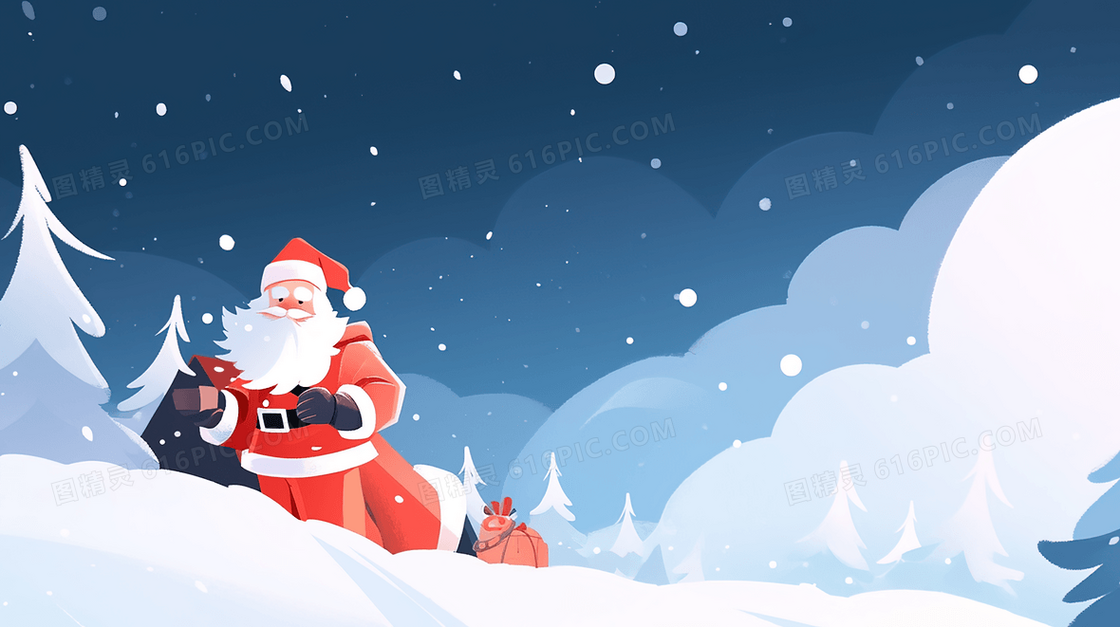 下雪天森林雪地里送礼物的圣诞老人插画
