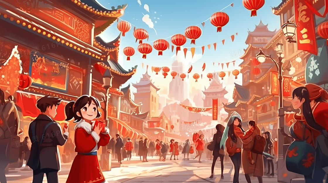 中国街头的新年庆典插画