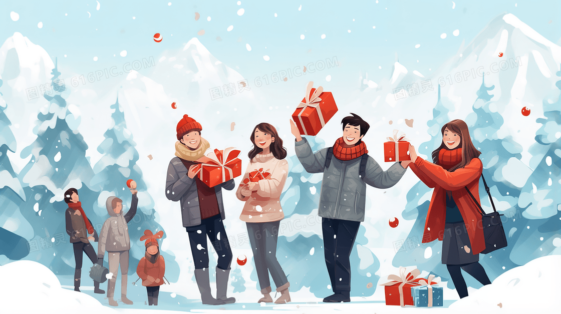 下雪天朋友们聚会开心拿着礼物插画