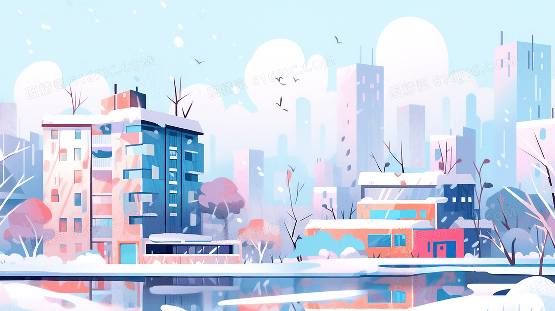 冬季雪天城市街道建筑风景插画