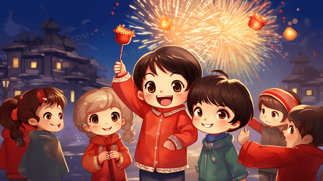 中国古镇乡村小孩庆祝新年插画