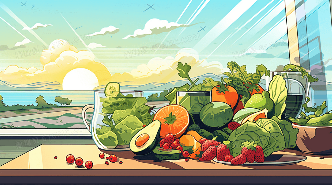 素食日健康的水果蔬菜食材美食插画