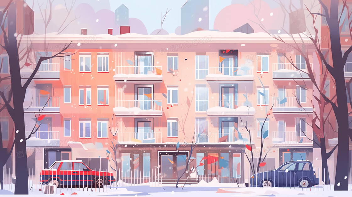 冬季雪天城市街道建筑风景插画