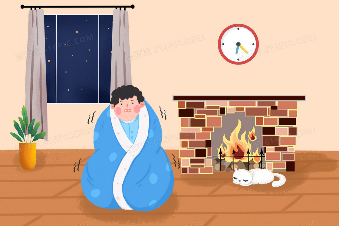 冬天男孩屋内烤火插画