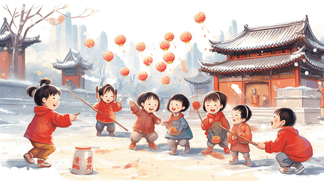 中国古镇乡村小孩庆祝新年插画