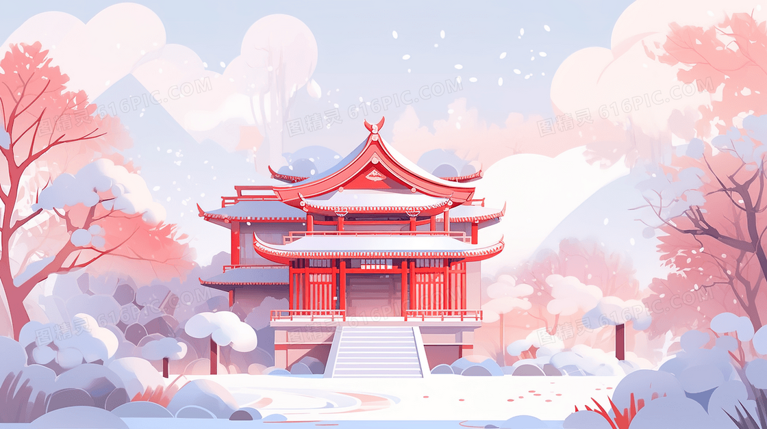 中国风唯美古典建筑风景插画