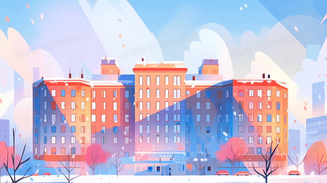 冬季雪天城市街道建筑风景插画