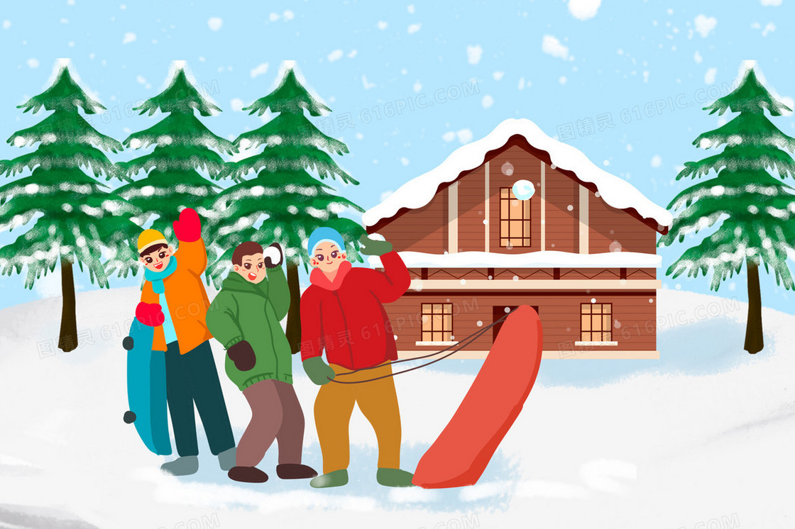 立冬节气男孩户外滑雪插画