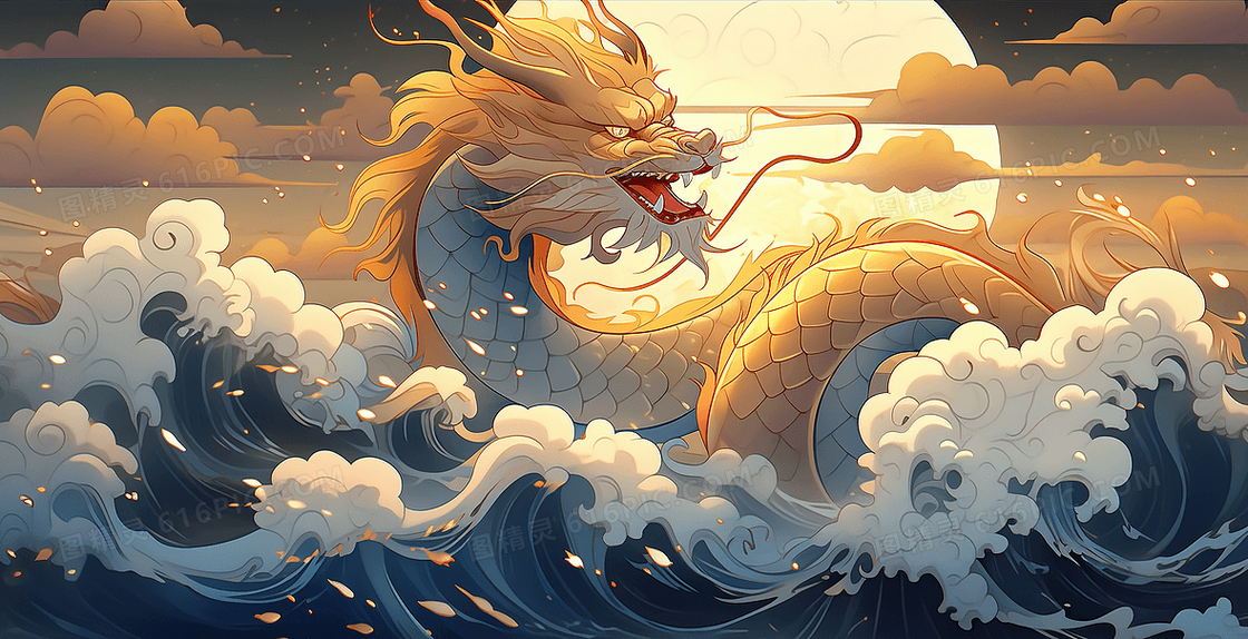 神话传说在海面上翻江倒海的金色神龙创意插画