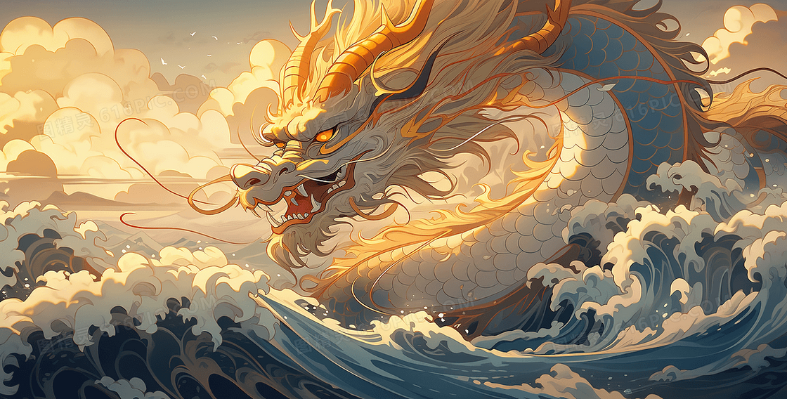 神话传说在海面上翻江倒海的金色神龙创意插画