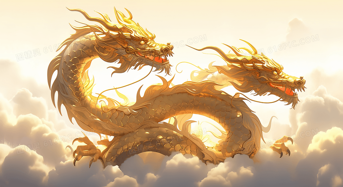 神话传说飞翔在云层中的金色神龙创意插画