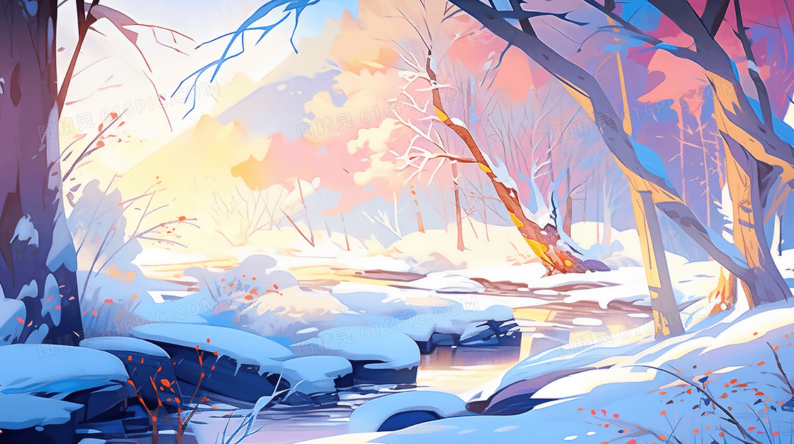 冬天穿过树林里的小河雪景插画