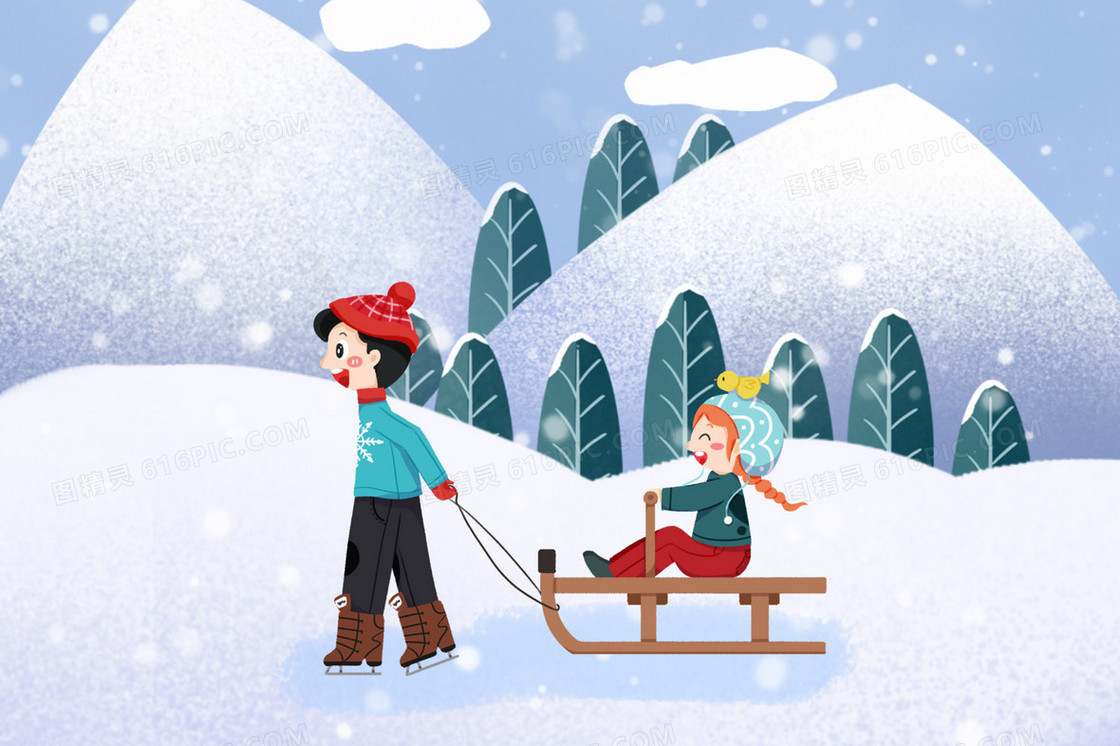 冬天小朋友拉雪橇插画