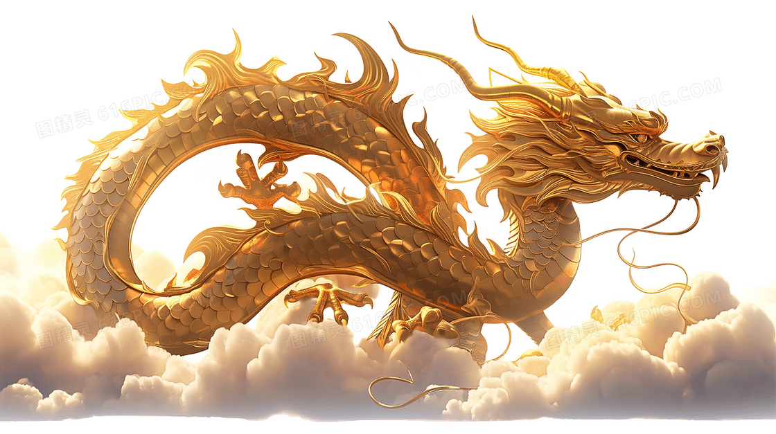 神话传说飞翔在云层中的金色神龙创意插画