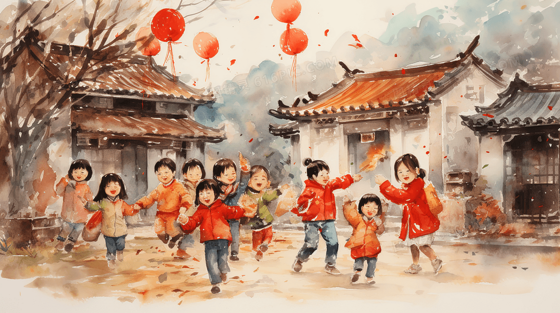 中国古镇乡村小孩庆祝新年插画