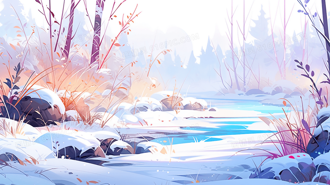 冬天穿过树林里的小河雪景插画
