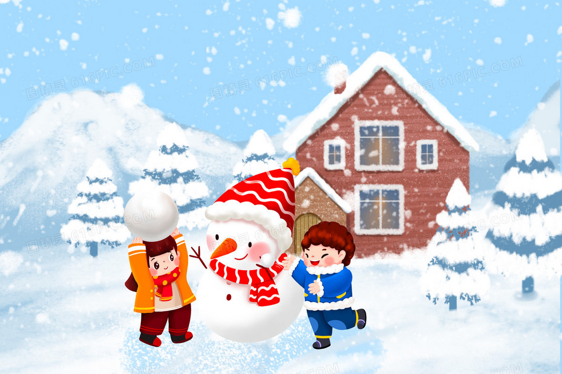 孩子户外打雪仗堆雪人插画
