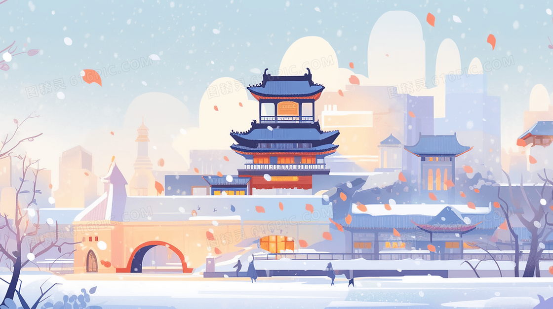 中国风古典楼阁建筑雪景插画