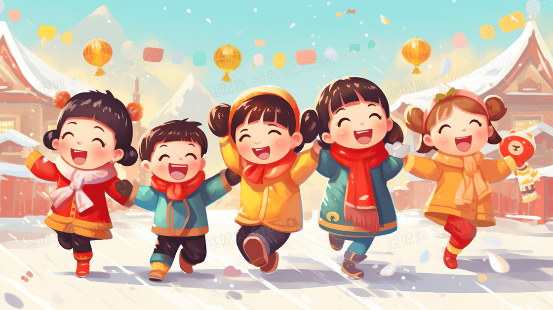 新年喜庆儿童卡通过大年玩耍插画