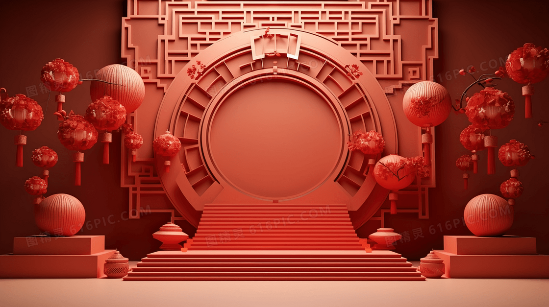 红色中国风立体花卉圆形舞台背景概念图片