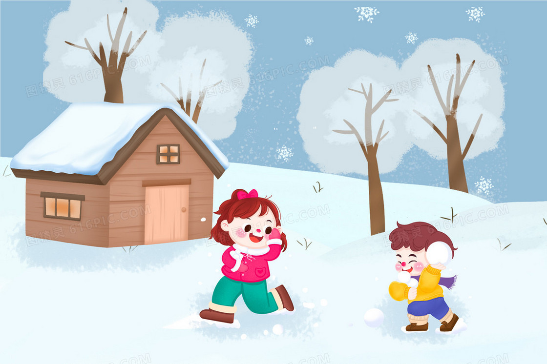 立冬节气孩子户外打雪仗插画