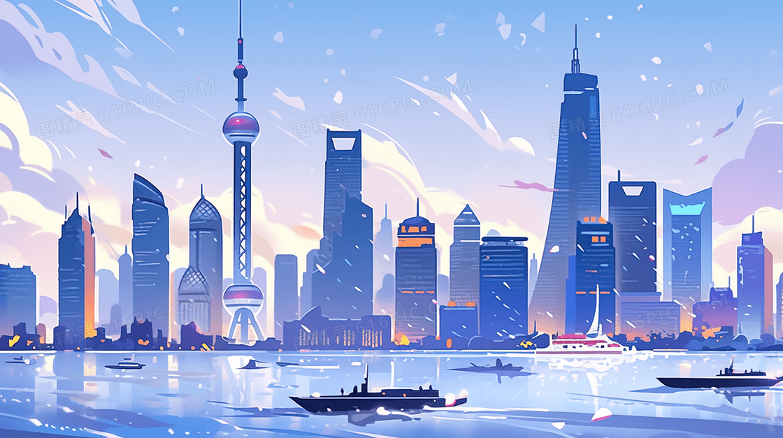 上海外滩江边繁华都市建筑插画