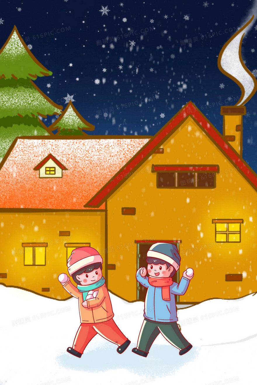 立冬时节孩子户外打雪仗插画