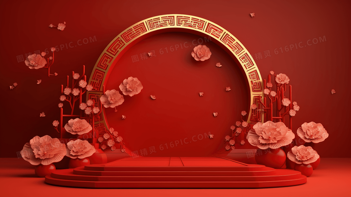 红色中国风立体花卉圆形舞台背景概念图片