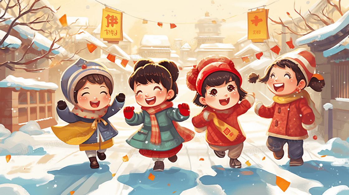 新年喜庆儿童卡通过大年玩耍插画