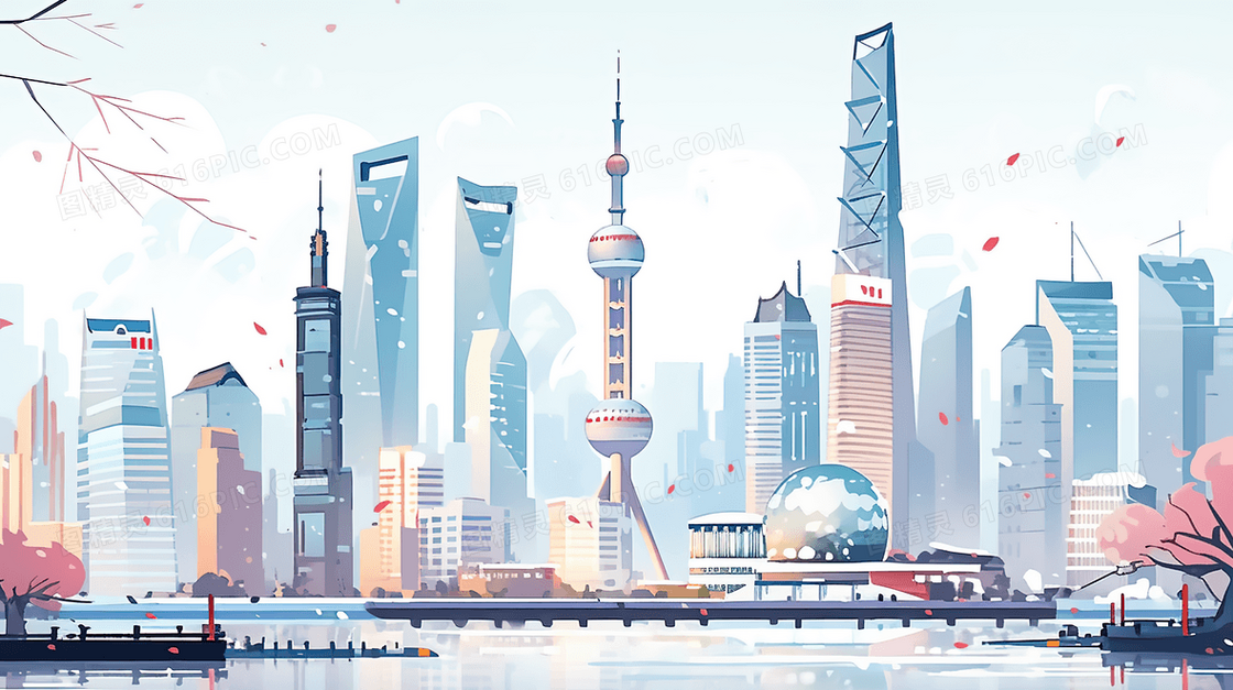 上海外滩江边繁华都市建筑插画