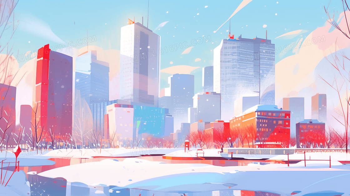 繁荣的城市高楼建筑雪景插画