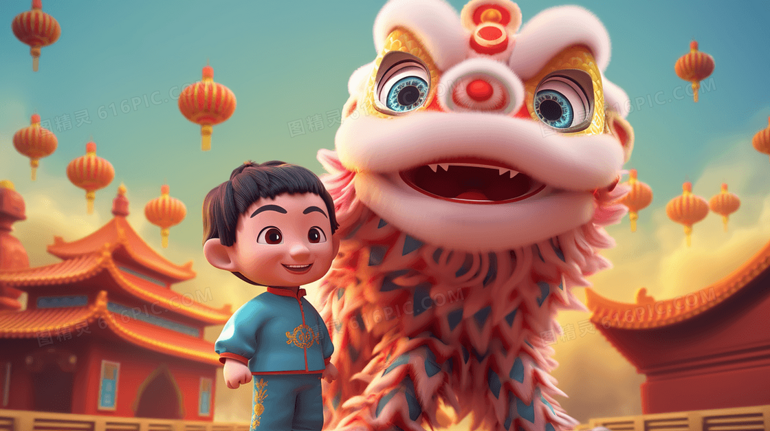 中国传统舞狮和感兴趣的小男孩插画