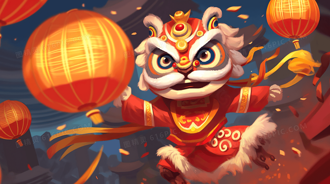 新年喜庆舞龙舞狮吉祥2024插画